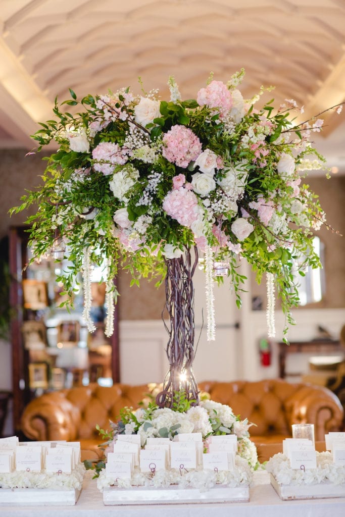 classic pink nj wedding, mallard island yacht club, wedding florals