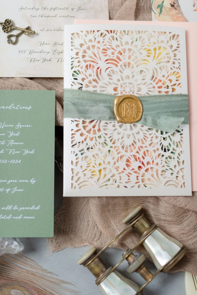 modern rustic wedding invitations; peach and teal wedding invitations