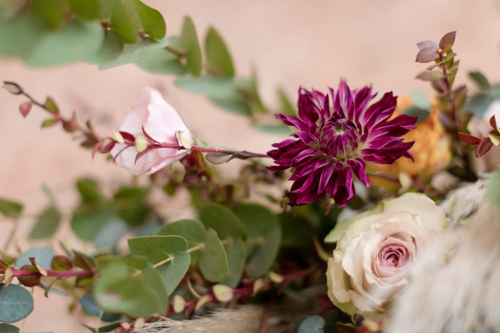 eucalyptus wedding flowers for boho wedding, deep purple wedding flowers