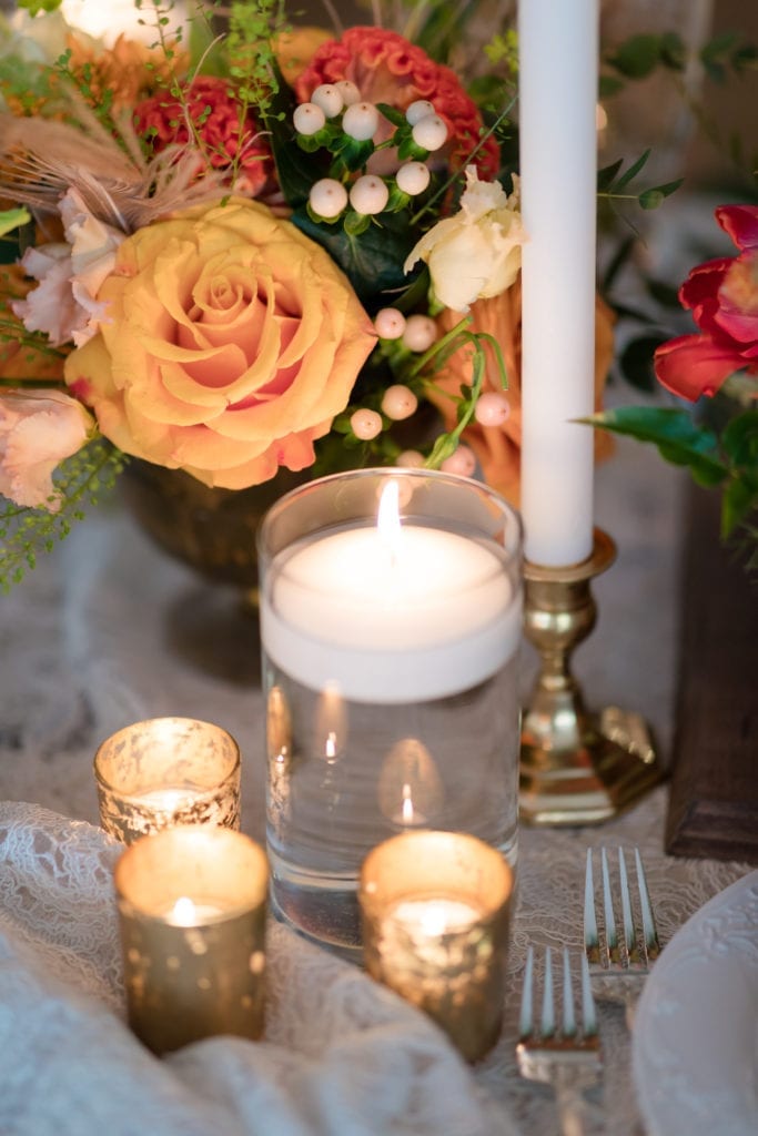 yellow and orange wedding centerpiece flowers, boho table setting ideas