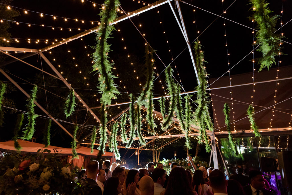 String lights and greenery garden wedding outdoor party reception dancing guests. Photo by Vanessa Joy photography