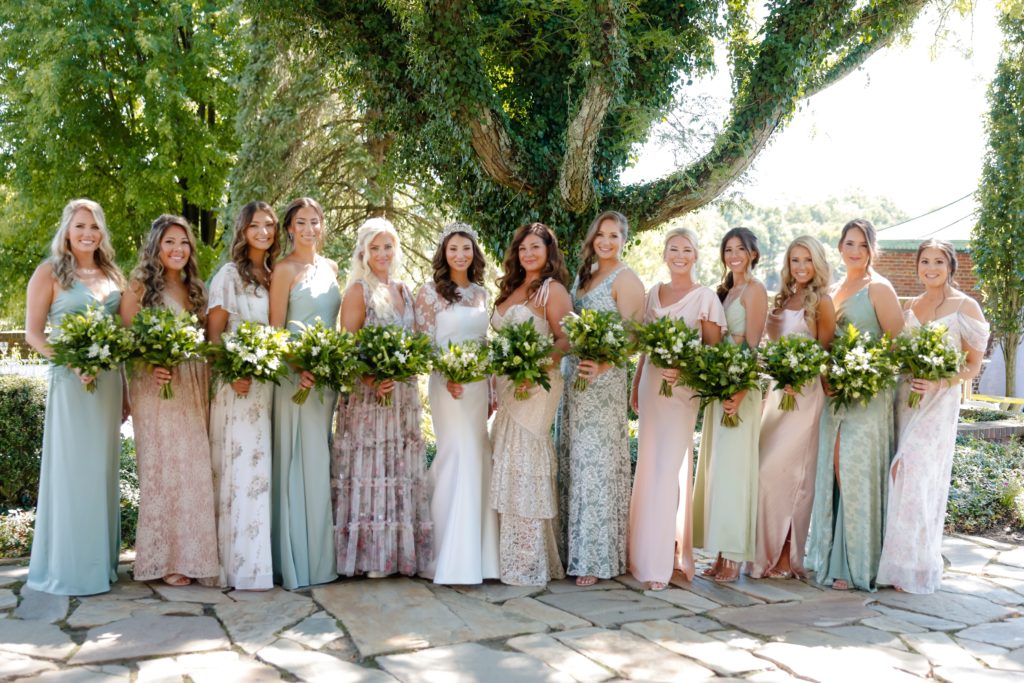 large bridal party pastels green and pink