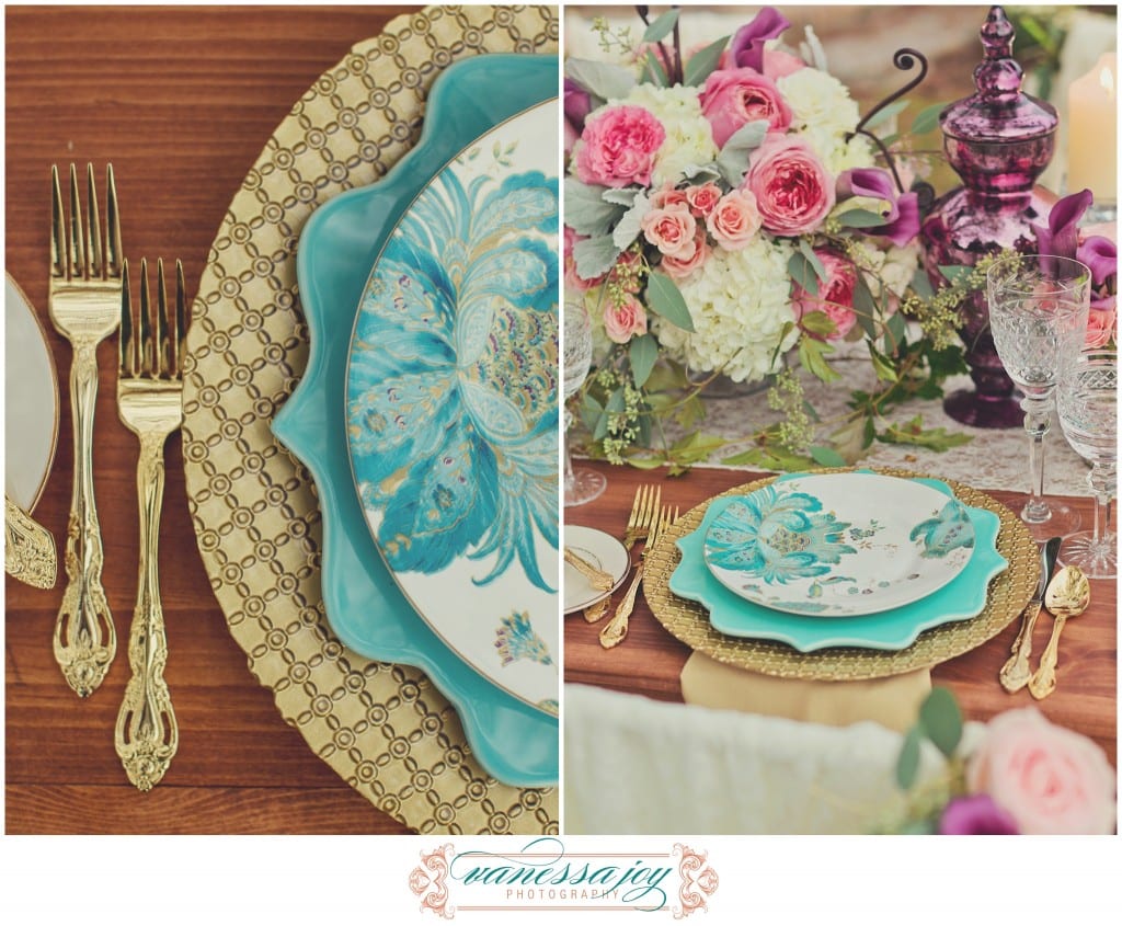 teal and gold wedding details