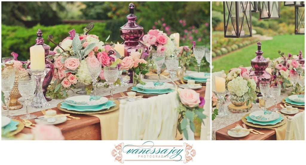 elaborate vintage wedding tablescape, garden wedding, mercury glass details