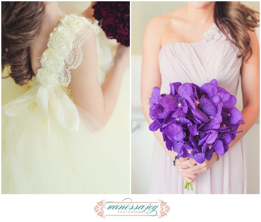 cream flower girl dress, lavender bridesmaid dress