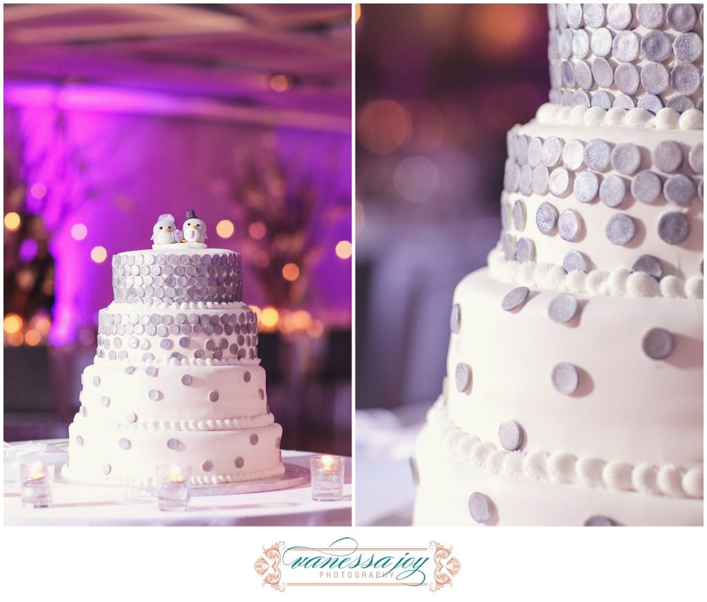 Penguin cake topper, white and gray wedding cake