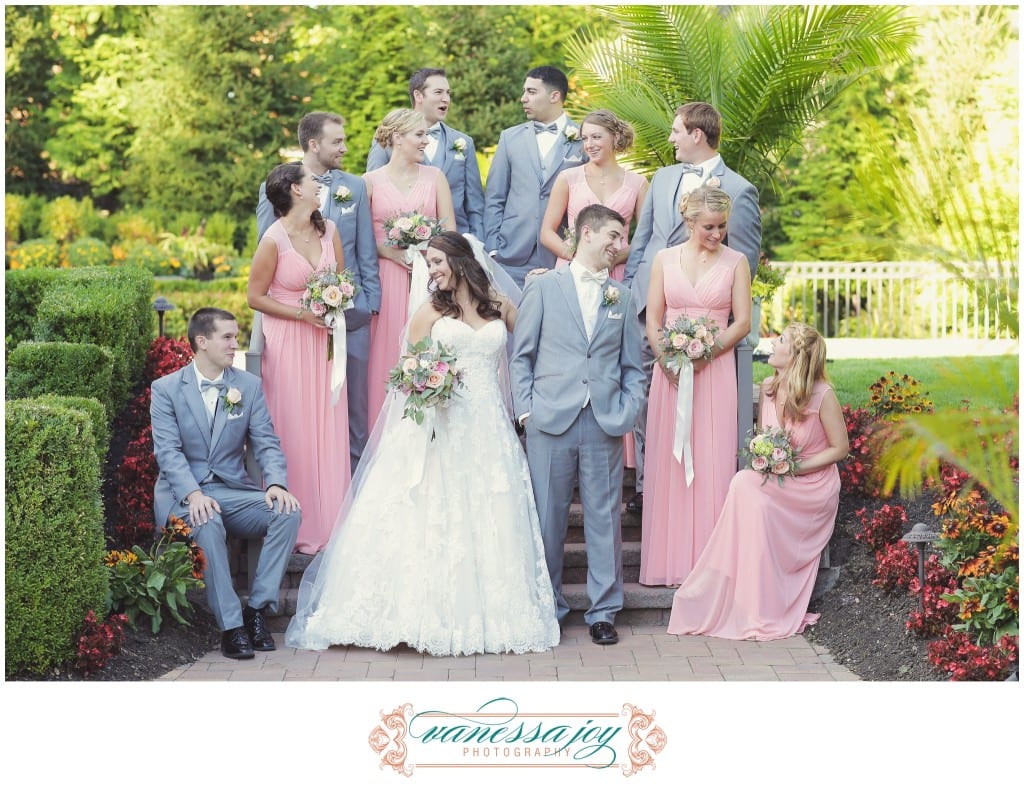 pink bridesmaid dresses, bridal party photos