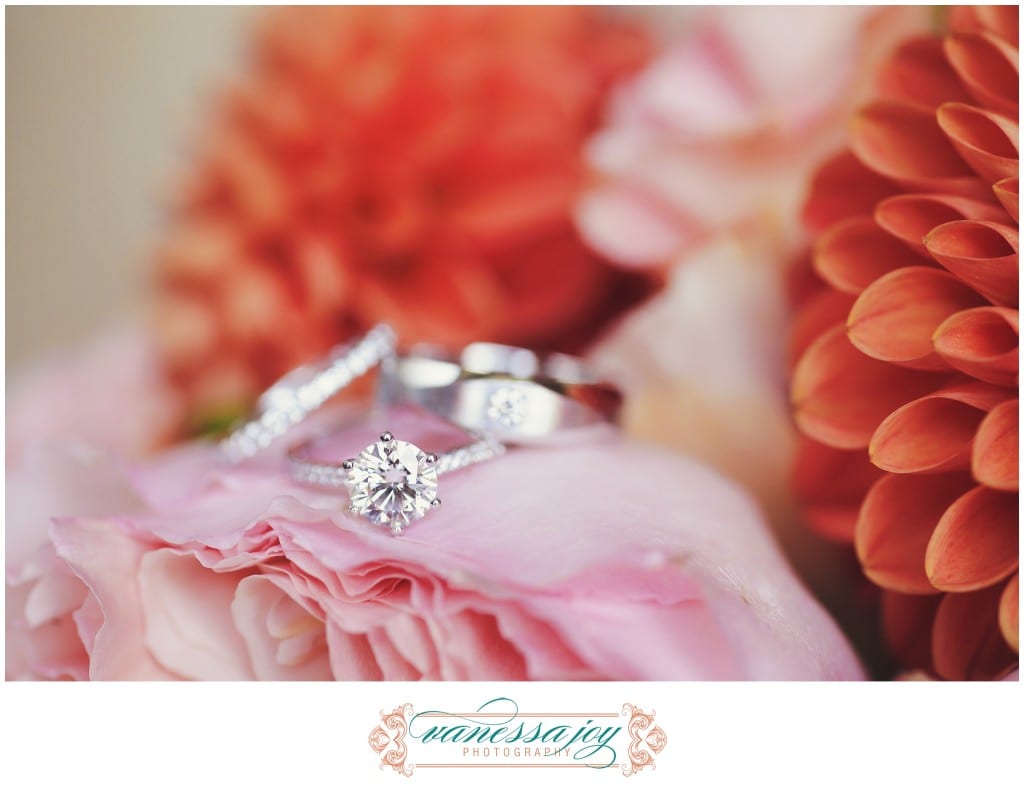 wedding ring photo, pink and orange wedding bouquet