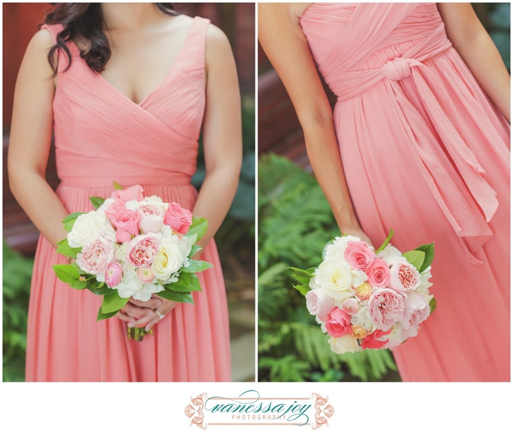 coral bridesmaid dresses, pink wedding details
