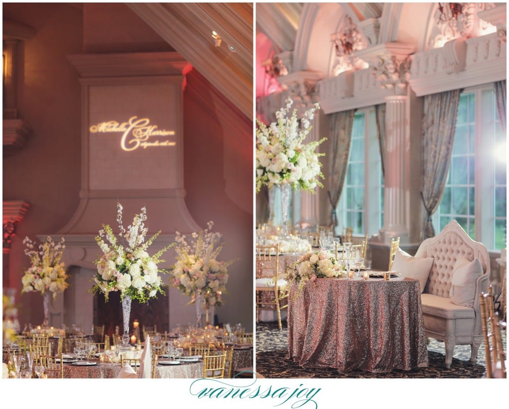 luxury wedding reception, gold reception details, glitter tableclothes