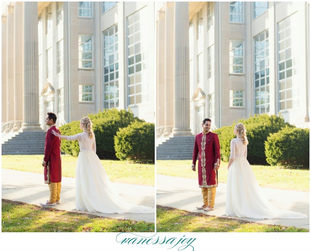 david's bridal wedding gown, first look photo ideas, multicultural wedding