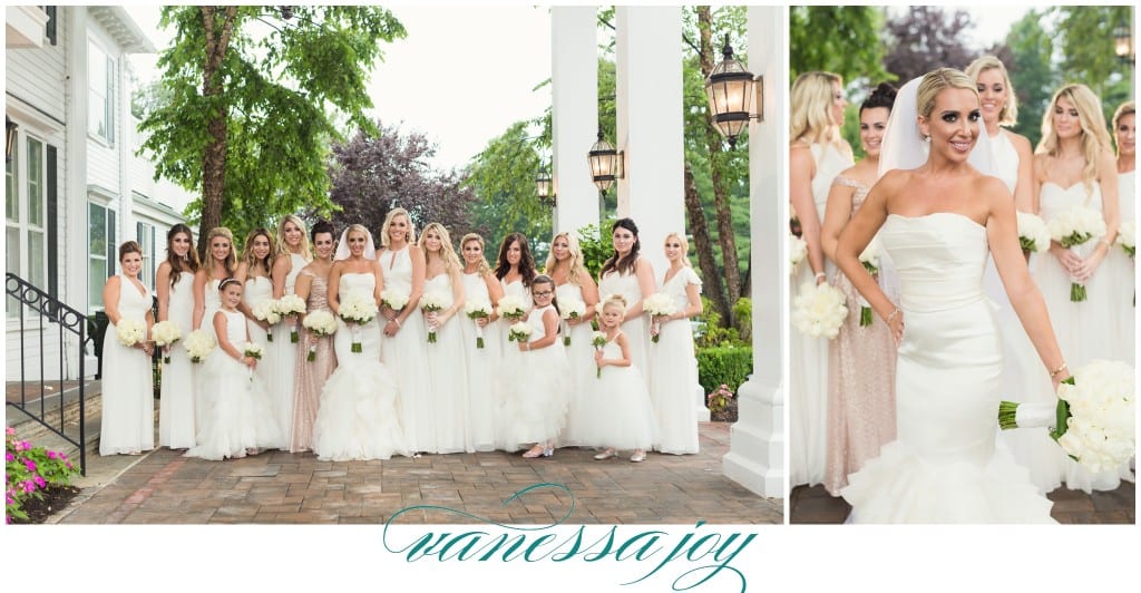 large bridesmaid party photo, all white bridesmaid dresses