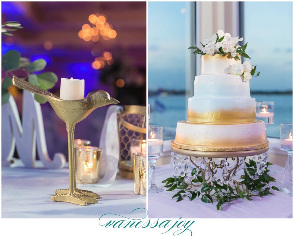 gold and blue wedding details, gold ombre wedding cake