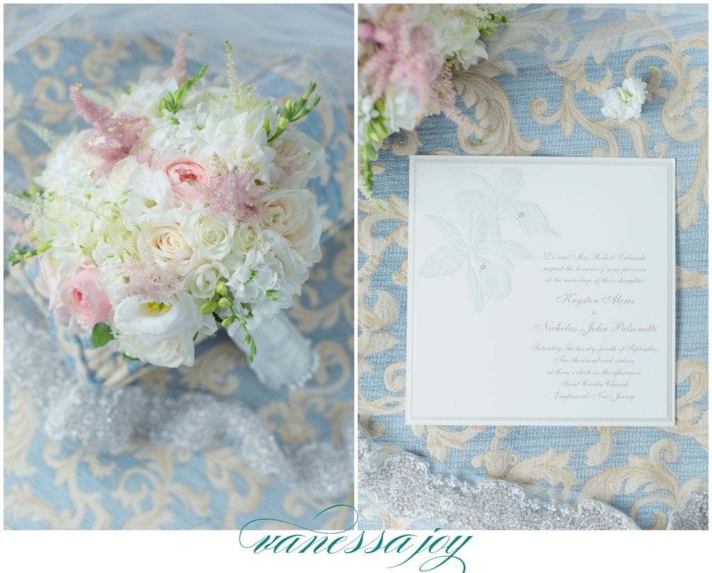 custom luxury wedding stationery, pink and white wedding bouquet
