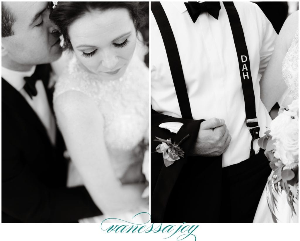 customized suspenders, black and white wedding photos