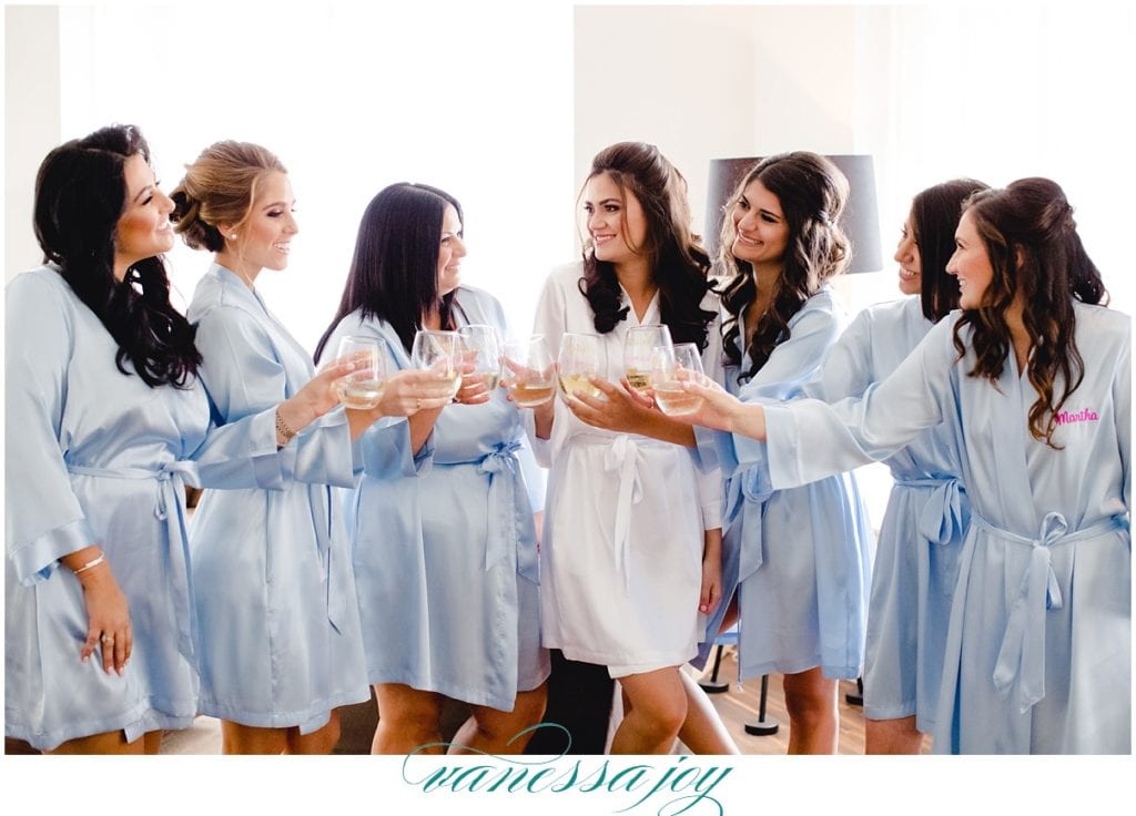 girls getting ready at wedding photos, light blue bridesmaid robes, Wall street bridesmaids