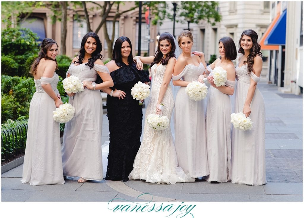 amsale bridesmaids, off the shoulder bridesmaid dresses, NYC bridal parties