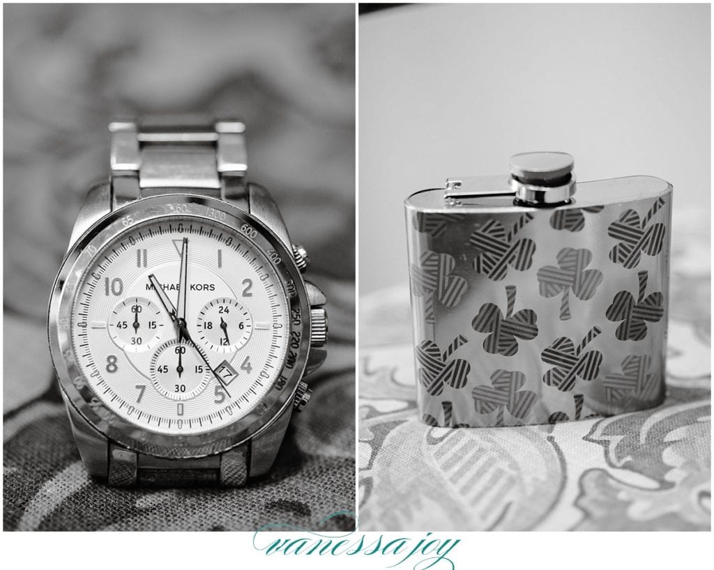 grooms details, watch and flask photos