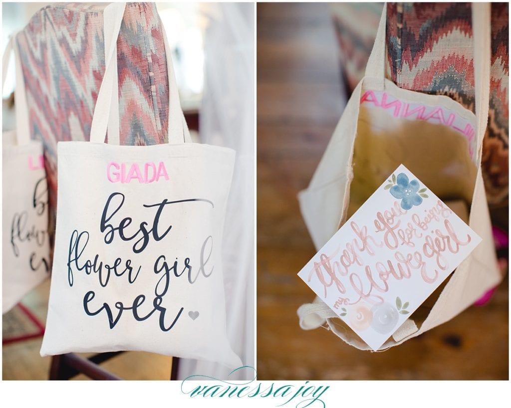 flower girl gift ideas, custom calligraphed bags for bridesmaids