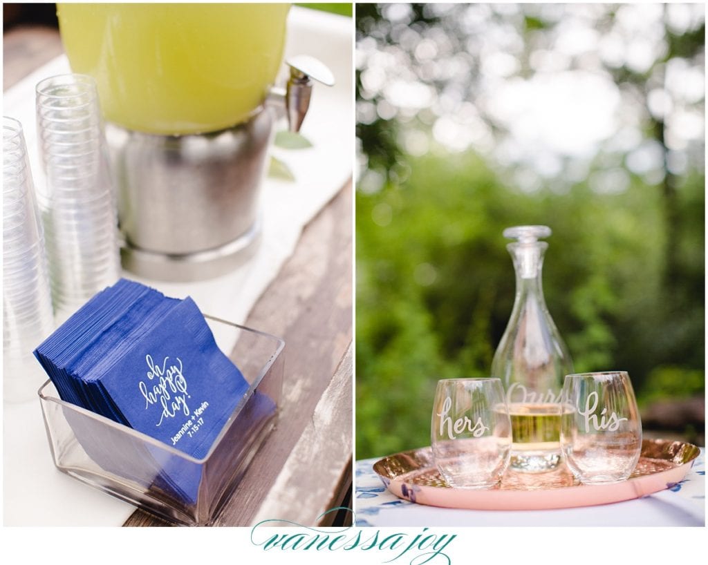 indigo wedding napkins, his and hers wine decanter and glasses