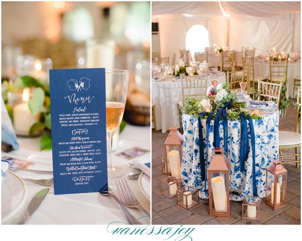indigo wedding stationery, sweetheart table with floral linens