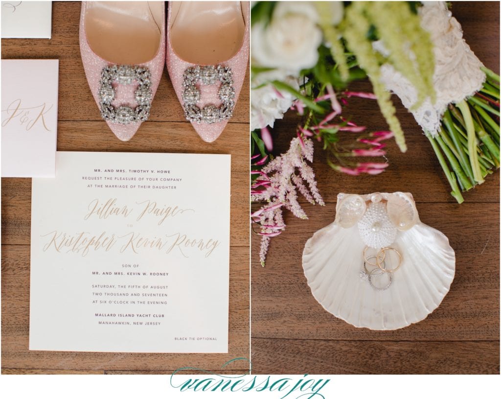 mallard island wedding, beach theme wedding photos, pink monolog blahnik, light pink wedding details