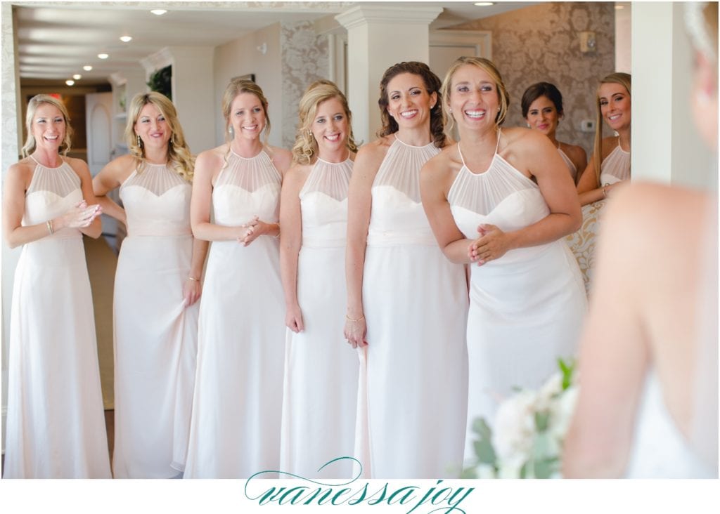 bridesmaids first look, mallard island wedding