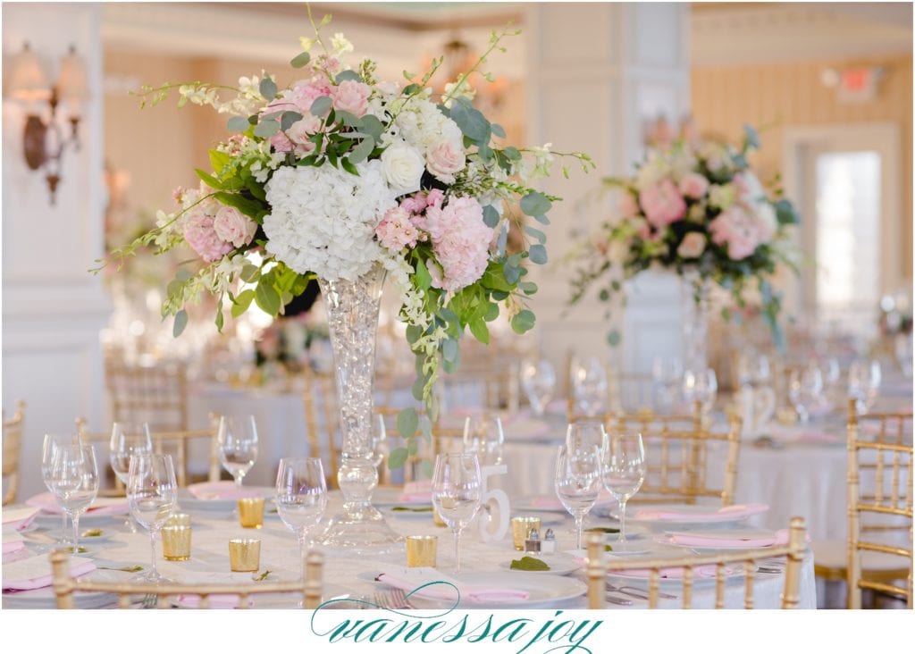 tall pink white and green centerpieces, mallard island wedding