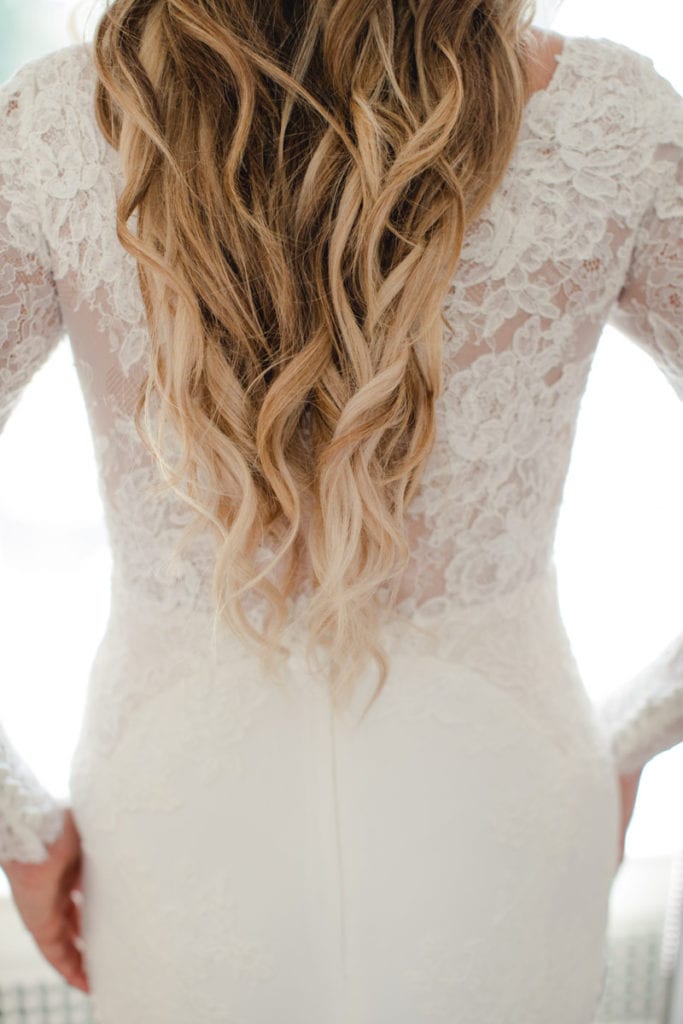 bridal hair, wedding hair detail photo, wedding dress detail photo, lace wedding dress
