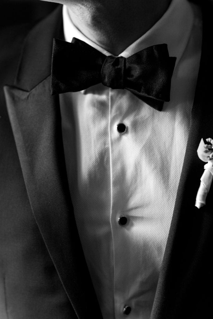 black and white portrait of groom, bow tie, fiddler's elbow groom