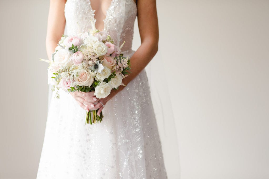 berta wedding dress, flowers by maggie