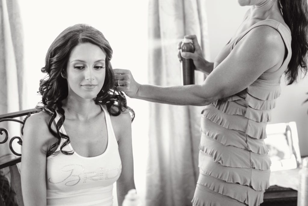 bride getting ready, black and white wedding photography