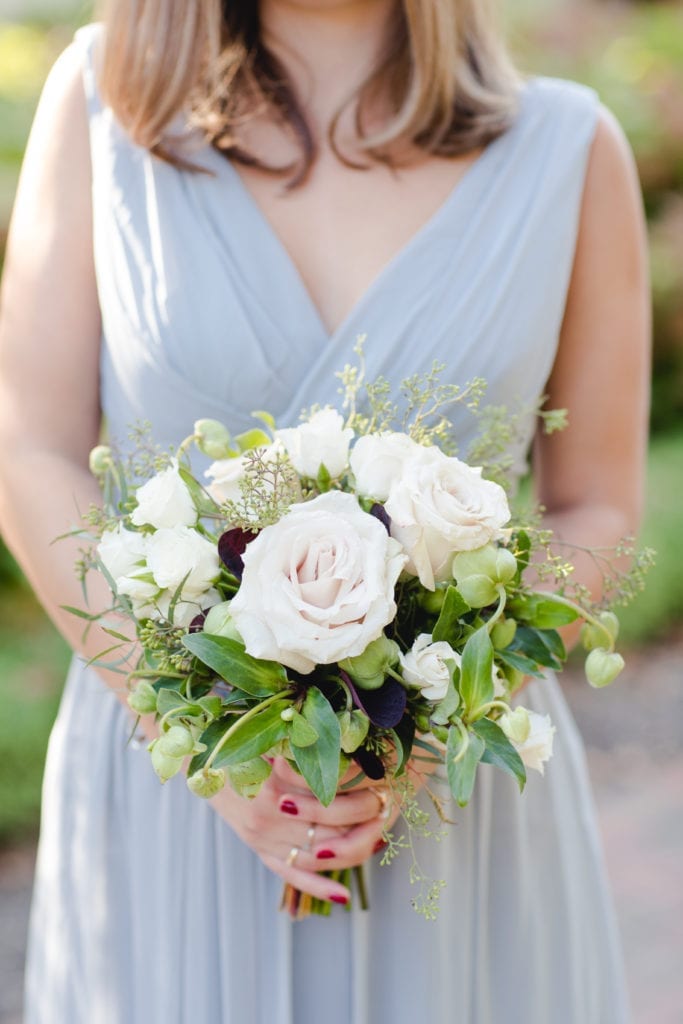 bridal party bouquet, rose bouquet, white roses, viburnum designs