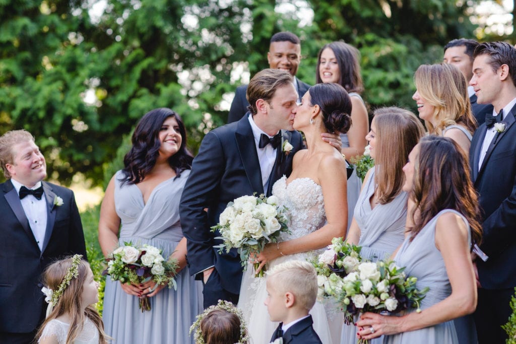 bridal party photography, first kiss