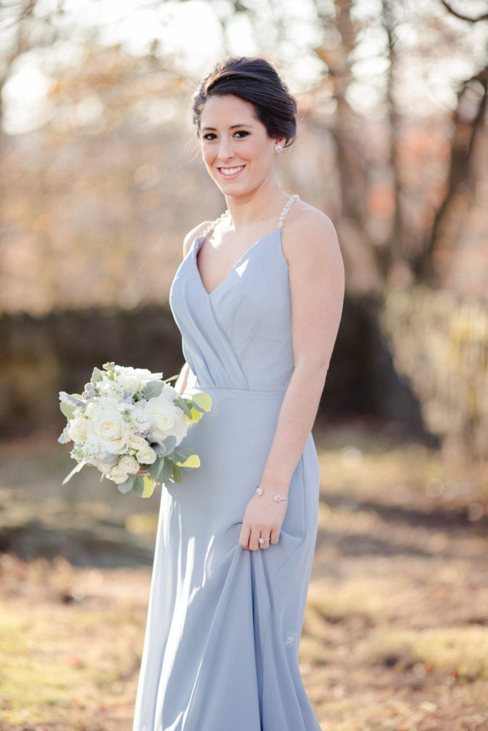 hailey page pearl strap bridesmaids dress, perla and company wedding flowers