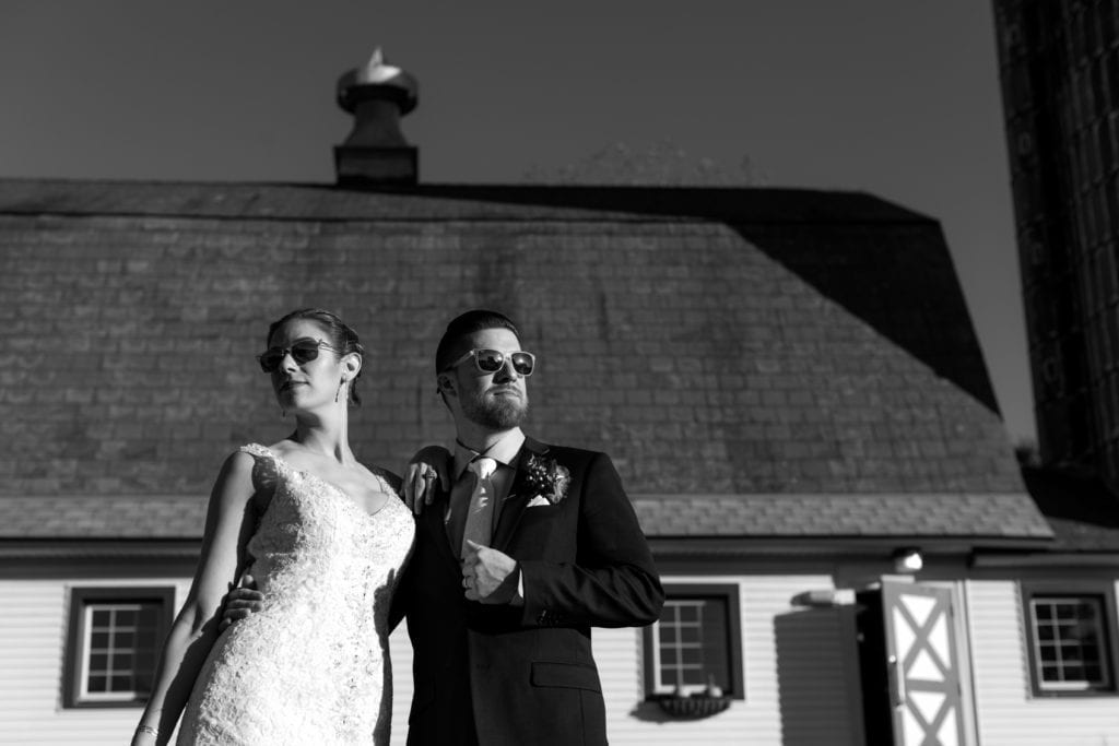 bride and groom sunglasses, black and white wedding photography, perona farms