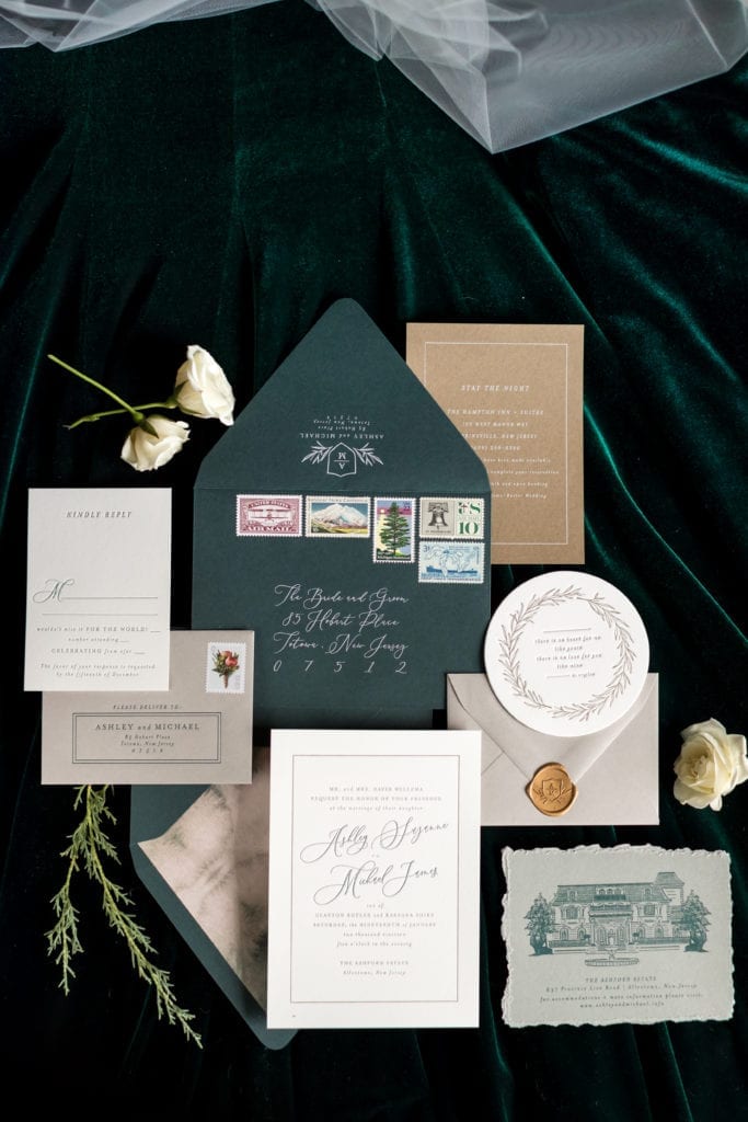 Darling and Pearl wedding stationery laid out