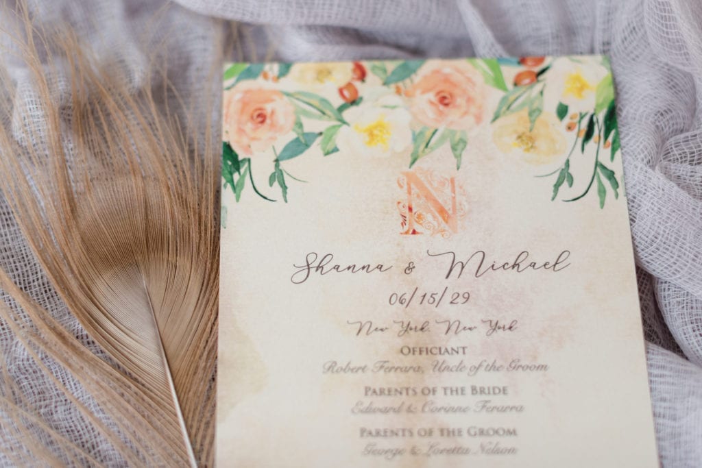 boho wedding stationery, feather wedding decor details
