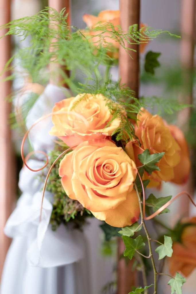 rustic wedding florals, yellow and orange wedding flowers