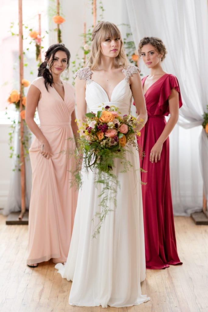 peach and maroon bridesmaids dresses, boho bridesmaids inspiration