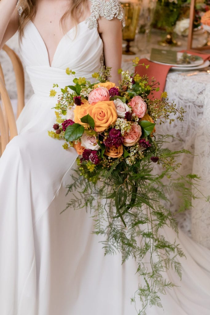 orange pink and maroon bouquet, floral bouquet inspiration