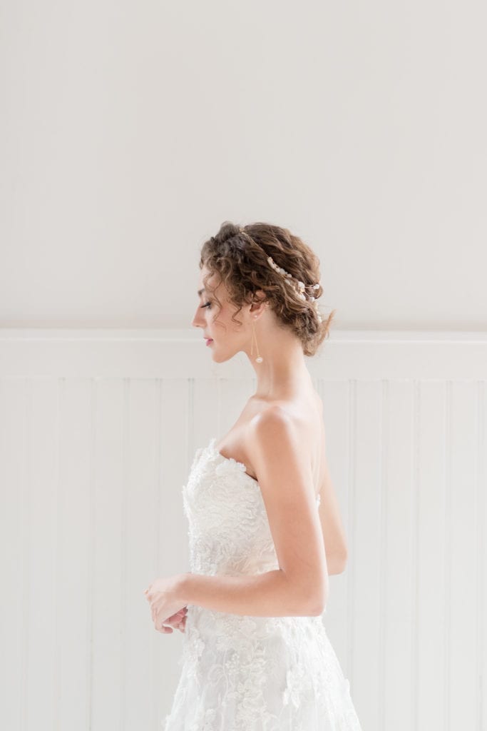 loose bohemian wedding updo, lace detail wedding gown