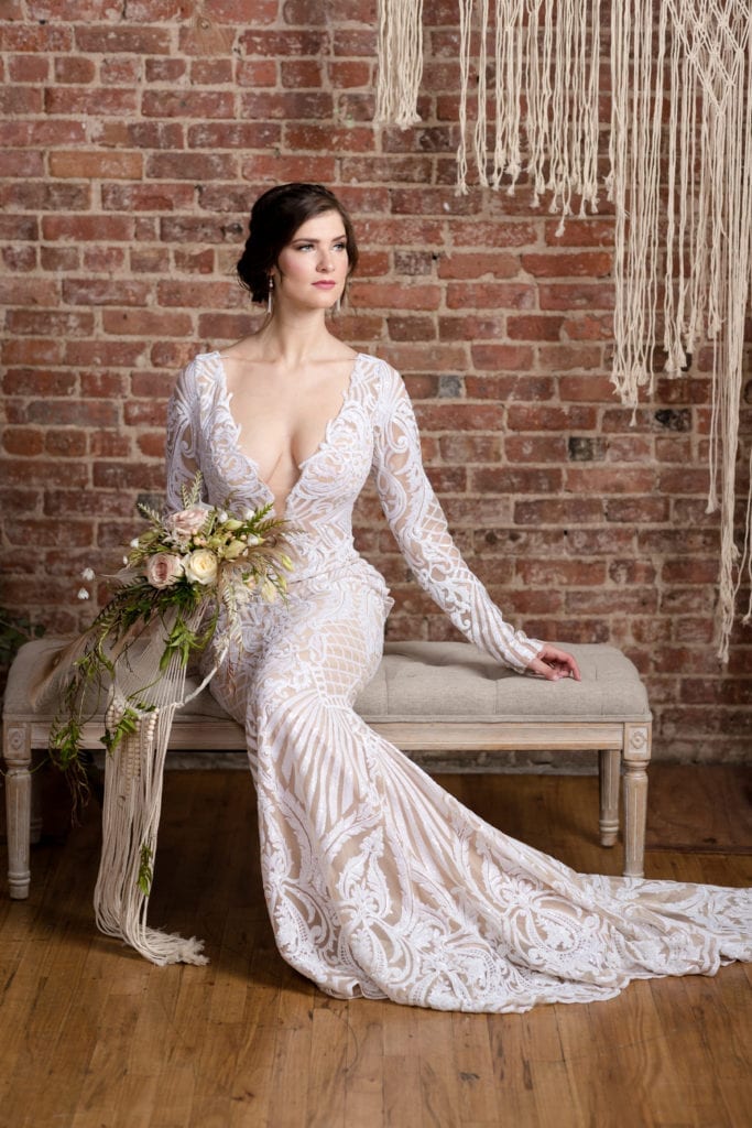 long sleeve deep cut lace wedding dress, dreamcatcher wedding bouquet