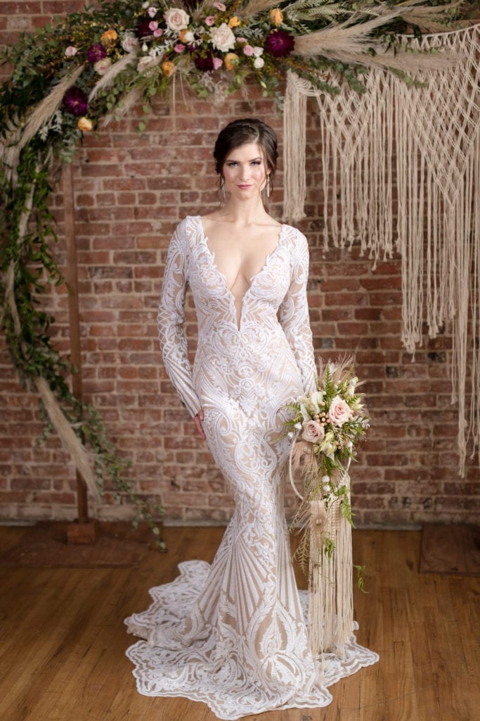bohomeian bride, sexy long sleeve wedding dress