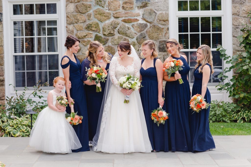 navy bridesmaids dresses, bold fall bridesmaids dresses with colorful bouquet