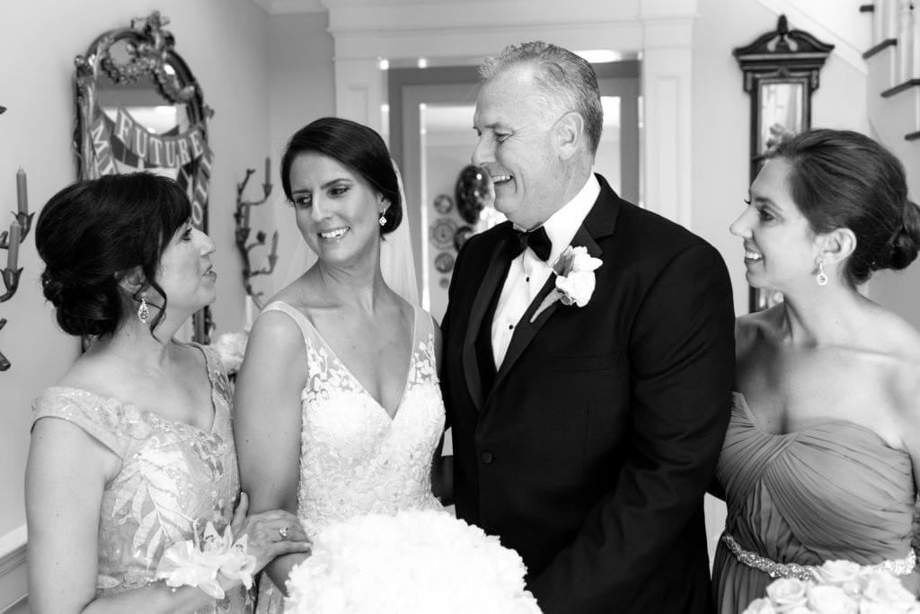 bride and her family on wedding day, black and white wedding photography