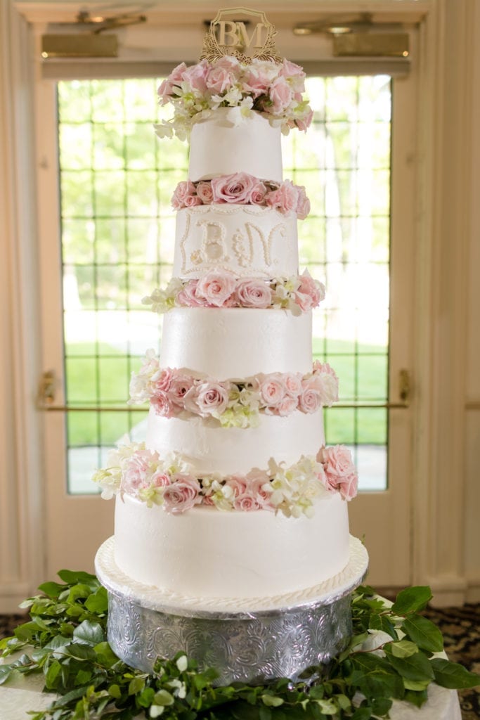 5 tiered white rose wedding cake