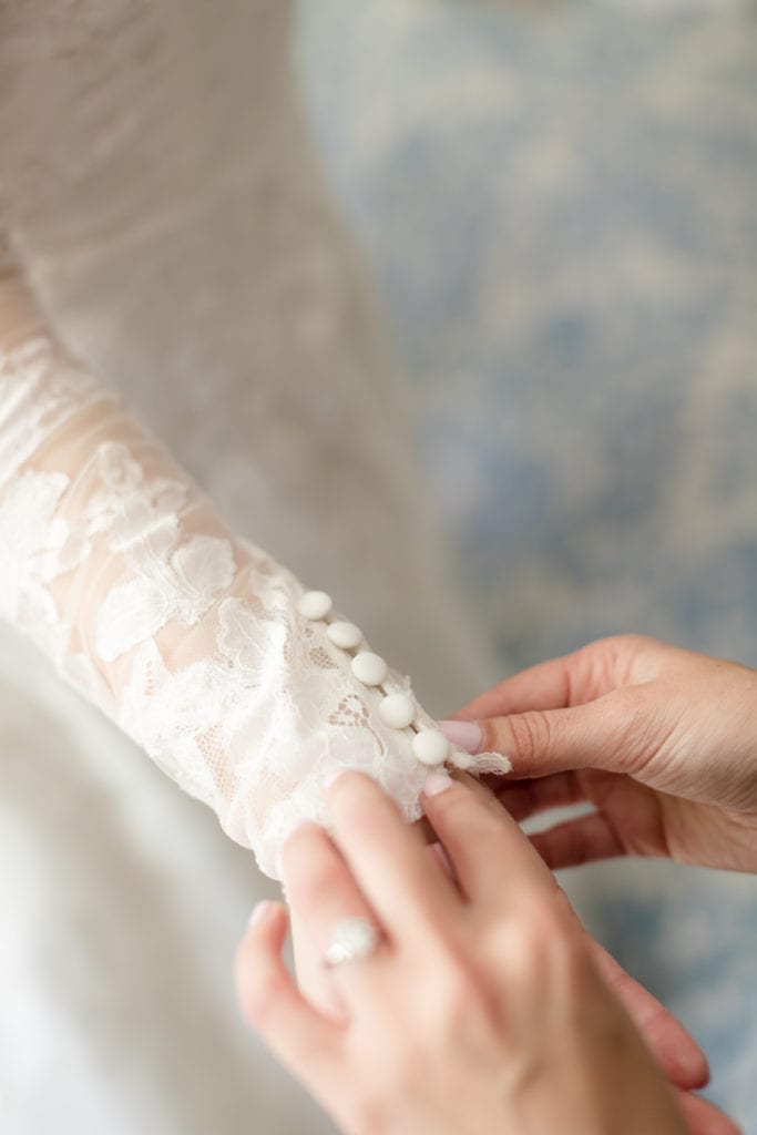 button details on long sleeve lace Pronovias gown, Pronovias wedding dress details