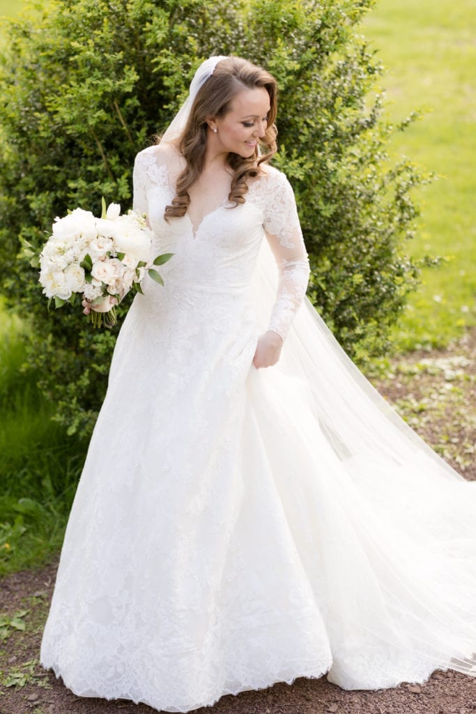 Pronovias bridal, long sleeve lace sweetheart dress