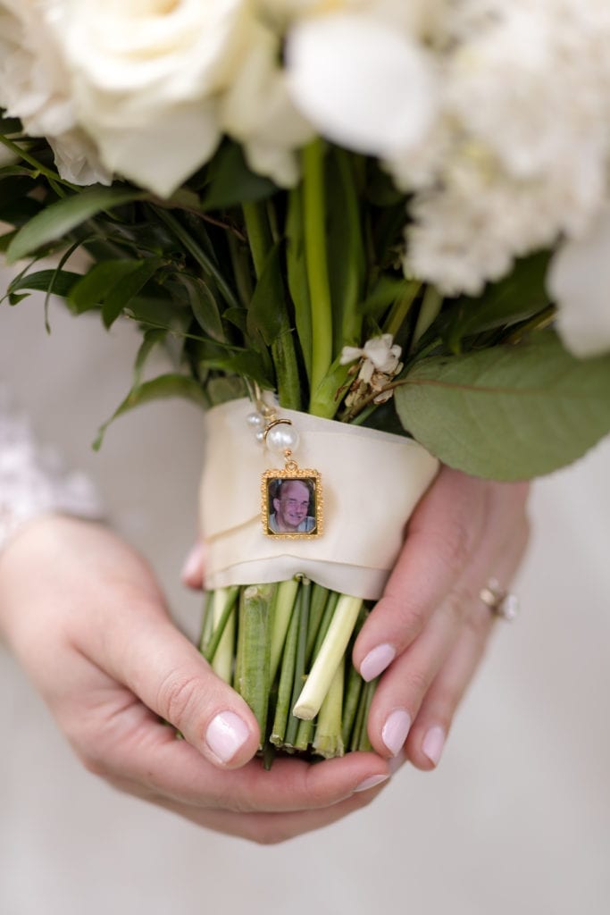 memorial jewelry, pinned photo of loved one on bouquet
